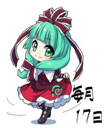 Rule 34 | 1girl, black footwear, closed mouth, commentary, cross-laced clothes, dress, front ponytail, full body, green eyes, green hair, hair ribbon, itani illust, kagiyama hina, long hair, looking at viewer, red dress, red ribbon, ribbon, simple background, smile, solo, touhou, white background