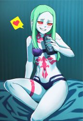 Rule 34 | 1girl, absurdres, artificial eye, avocadoragon, bed sheet, blue bra, blue panties, blush, bra, breasts, can, colored sclera, cyberpunk (series), cyberpunk edgerunners, green hair, grin, heart, highres, holding, holding can, leg tattoo, long hair, looking to the side, mechanical eye, navel, neck tattoo, on bed, panties, petite, rebecca (cyberpunk), red eyes, red sclera, simple background, sitting, small breasts, smile, smug, solo, spoken heart, stomach tattoo, straight hair, tattoo, underwear, underwear only