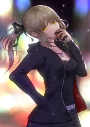 Rule 34 | 1girl, artoria pendragon (all), artoria pendragon (fate), belt, belt buckle, black jacket, black pants, black ribbon, black shirt, blonde hair, blurry, blurry background, breasts, buckle, can, cleavage, collarbone, drinking, fate/stay night, fate (series), floating hair, fujifuji924, grey belt, hair between eyes, hair ribbon, hand in pocket, highres, holding, holding can, hood, hooded jacket, jacket, jewelry, long hair, long sleeves, necklace, official alternate costume, open clothes, open jacket, pants, ribbon, saber alter, saber alter (ver. shinjuku 1999) (fate), shirt, small breasts, solo, standing, yellow eyes