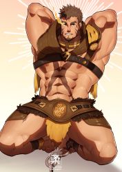 Rule 34 | 1boy, abs, absurdres, armpits, arms behind head, bara, bare pectorals, belt, brown belt, brown cape, brown eyes, brown hair, bulge, cape, chest harness, dark-skinned male, dark skin, facial hair, flaming eye, full body, goatee, harness, heracles (housamo), highres, kneeling, large pectorals, leather, loincloth, long sideburns, looking at viewer, male focus, masa yawara (yellow), muscular, muscular male, navel, nipples, paid reward available, pectorals, revealing clothes, paid reward available, scar, scar on chest, short hair, sideburns, solo, stomach, thick thighs, thighs, tokyo houkago summoners