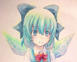 Rule 34 | 1girl, blue eyes, blue hair, bow, cirno, clenched teeth, hair bow, highres, ice, ice wings, matching hair/eyes, painting (medium), solo, teeth, touhou, traditional media, watercolor (medium), wings, yuyu (00365676)