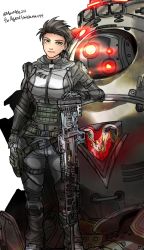 Rule 34 | 1girl, animification, atlas (titanfall), belt, black hair, bodysuit, breasts, brown eyes, commentary, english commentary, extra eyes, gloves, glowing, glowing eyes, green belt, grey bodysuit, grey gloves, gun, hand on own thigh, head tilt, highres, holding, holding gun, holding weapon, holo pilot (titanfall 2), kotone a, kraber, looking at viewer, medium breasts, mixed-language commentary, pilot (titanfall 2), red eyes, rifle, short hair, sniper rifle, titan (titanfall), titanfall, titanfall (series), titanfall 2, weapon
