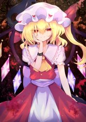Rule 34 | 1girl, ascot, belt, blonde hair, bow, brown background, buttons, closed mouth, collar, collared dress, crystal, dress, eyes visible through hair, flandre scarlet, gradient background, hair between eyes, hand on own face, hand up, hat, hat ribbon, highres, jewelry, looking at viewer, mob cap, multicolored wings, one side up, orange background, polearm, puffy short sleeves, puffy sleeves, red background, red dress, red eyes, red ribbon, red vest, ribbon, short hair, short sleeves, smile, solo, spear, standing, teeth, tomoe (fdhs5855), touhou, vest, weapon, white belt, white bow, white dress, white hat, white sleeves, wings, wristband, yellow ascot, yellow background