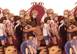 Rule 34 | 10s, 2boys, blonde hair, brown hair, earrings, fate/extra, fate/extra ccc, fate (series), gilgamesh (fate), jewelry, kishinami hakuno (male), male focus, mpn, multiple boys, necklace, official alternate costume, red eyes, short hair, smile, throne, wallpaper