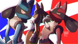 Rule 34 | alternate color, arched back, closed mouth, colored sclera, commentary request, creatures (company), furry, game freak, gen 4 pokemon, grey sclera, highres, light frown, looking at viewer, looking back, lucario, nintendo, pokemon, pokemon (creature), shiny and normal, shiny pokemon, spikes, watermark, yellow fur, yukifuri tsuyu