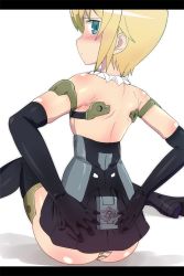 Rule 34 | 10s, 1girl, ass, bare back, blonde hair, blue eyes, collar, elbow gloves, frame arms girl, frilled collar, frills, gloves, gourai, highres, iwahana, looking back, mecha musume, panties, robot, sexually suggestive, short hair, sitting, solo, thighhighs, underwear