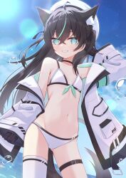 1girl animal_ears bare_shoulders bikini bikini_day black_gloves black_hair day flat_chest gloves green_eyes green_hair hat highres jacket kunokaya long_hair long_sleeves looking_at_viewer multicolored_hair navel off_shoulder open_clothes open_jacket original outdoors petite sky smile solo standing stomach swimsuit tail teeth thigh_strap thighhighs thighs very_long_hair white_bikini white_hat white_jacket white_thighhighs