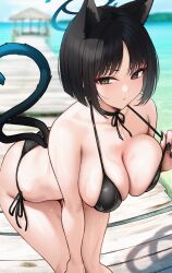 Rule 34 | 1girl, animal ears, bare shoulders, bent over, bikini, black bikini, black eyes, black hair, black nails, blue archive, blue halo, blush, breasts, cat ears, cat tail, cleavage, collarbone, day, halo, highres, kikyou (blue archive), large breasts, looking at viewer, nail polish, outdoors, parted lips, short hair, side-tie bikini bottom, sideboob, solar (happymonk), solo, swimsuit, tail, thighs, water, wet
