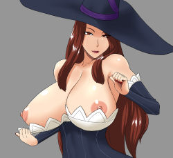 Rule 34 | 1girl, bare shoulders, breasts, brown eyes, brown hair, cleavage, clothes pull, collarbone, dragon&#039;s crown, dress, dress pull, grey background, hat, huge breasts, lips, long hair, ml, nail polish, nipples, simple background, solo, sorceress (dragon&#039;s crown), strapless, strapless dress, witch hat