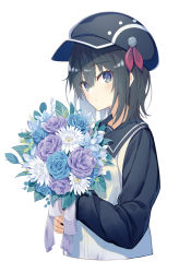 Rule 34 | 1girl, black hair, black hat, black shirt, blue eyes, blue flower, blue rose, bouquet, bow, cabbie hat, closed mouth, commentary, cropped torso, dress, english commentary, flower, hair between eyes, hat, highres, holding, holding bouquet, kavka, long sleeves, original, purple bow, purple flower, purple rose, rose, shirt, sleeveless, sleeveless dress, solo, upper body, white dress