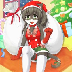 Rule 34 | 1girl, artist request, cat, chirstmas hat, furry, furry female, gloves, green eyes, open mouth, santa costume, short hair, solo
