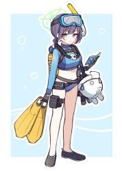 Rule 34 | 1girl, absurdres, blue archive, blue eyes, bodysuit, book, border, diving mask, diving mask on head, diving regulator, diving suit, flippers, full body, goggles, goggles on head, halo, highres, holding, hyakucha, looking at viewer, navel, oxygen tank, purple hair, saki (blue archive), scuba, scuba gear, scuba tank, short hair, snorkel, solo, wetsuit