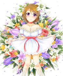 Rule 34 | 10s, 1girl, bad id, bad pixiv id, bare shoulders, bird, blush, breasts, brown hair, choker, cleavage, collarbone, dress, floral background, flower, flower necklace, hair flower, hair ornament, highres, hiro9779, jewelry, koizumi hanayo, lily (flower), looking at viewer, love live!, love live! school idol festival, love live! school idol project, medium breasts, nail polish, necklace, pink flower, pink nails, pink rose, purple eyes, ribbon, rose, short dress, short hair, short sleeves, skirt hold, smile, solo, water drop, white background, white dress