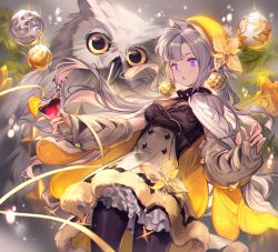 Rule 34 | 1girl, absurdres, bird, breasts, christmas ornaments, cleavage, glass, highres, lee hyeseung, long hair, owl, purple eyes, white hair