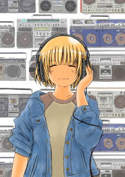 Rule 34 | 1girl, ^ ^, absurdres, blonde hair, boombox, closed eyes, denim, denim jacket, facing viewer, hand on headphones, headphones, highres, jacket, marumo 516, open clothes, open jacket, original, product placement, shirt, short hair, solo, standing, upper body, wire