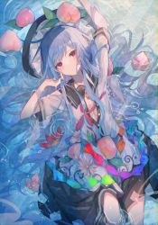 Rule 34 | 1girl, absurdres, black hat, blouse, blue hair, blue skirt, bow, bowtie, breasts, bright pupils, buttons, commentary, dress shirt, flower, food, frills, fruit, hair spread out, hat, highres, hinanawi tenshi, jewelry, leaf, long hair, looking at viewer, lying, neck ribbon, on back, partially submerged, partially unbuttoned, peach, pendant, rainbow order, red bow, red eyes, red flower, red ribbon, ribbon, ripples, shirt, short sleeves, skirt, slit pupils, small breasts, solo, touhou, umemaro (siona0908), untied, water, water surface, wet, wet clothes, white flower, white pupils, white shirt, wing collar