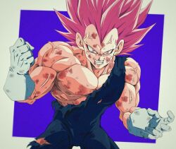 Rule 34 | 1boy, angry, bare shoulders, battle damage, biceps, blue background, blue bodysuit, bodysuit, bruise, bure (fantasticyouth7), clenched hand, clenched teeth, commentary request, dragon ball, dragon ball super, gloves, hands up, injury, looking at viewer, male focus, muscular, muscular male, no eyebrows, pectorals, purple hair, scratches, simple background, solo, spiked hair, teeth, torn bodysuit, torn clothes, two-tone background, ultra ego (dragon ball), v-shaped eyebrows, vegeta, veins, white background, white gloves, widow&#039;s peak