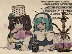 2girls akoya_matama alcohol alice_in_wonderland an_sin anemo_nemo antennae brown_hair club_(shape) diamond_(shape) english_text glass green_eyes green_hair green_streaks hair_over_one_eye hat heart highres hookah jack_daniel&#039;s looking_at_another mahou_shoujo_ni_akogarete medium_hair military_hat military_uniform multiple_girls nun open_mouth purple_eyes sharp_teeth simple_background sitting smoke spade_(shape) teeth upper_body whiskey