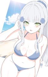 Rule 34 | 1girl, absurdres, bikini, blue bikini, blue scrunchie, blue sky, blush, breasts, cleavage, cloud, cloudy sky, collarbone, commentary, commentary request, cowboy shot, cross hair ornament, girls&#039; frontline, green eyes, hair ornament, hair scrunchie, hand up, highres, hk416 (girls&#039; frontline), inset, lens flare, long hair, looking at viewer, navel, ocean, open mouth, ponytail, sand, scrunchie, sidelocks, sky, solo, stomach, swimsuit, teardrop facial mark, teardrop tattoo, uchikata takeaki, white hair