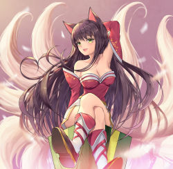 Rule 34 | 1girl, :d, ahri (league of legends), animal ears, arm up, armpits, bad id, bad pixiv id, blush, dduck kong, detached sleeves, facial mark, fang, foreshortening, fox ears, fox tail, gradient background, highres, kitsune, kyuubi, league of legends, long hair, long sleeves, motion blur, multiple tails, open mouth, smile, solo, sparkle, tail, very long hair, whisker markings