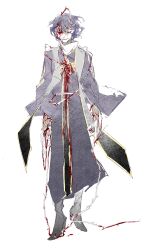 Rule 34 | 1boy, absurdres, artistguillotine, black robe, blood, blood on clothes, blood on face, blue hair, chinese commentary, closed eyes, closed mouth, commentary request, full body, gold trim, highres, long sleeves, male focus, pale skin, robe, saibou shinkyoku, shirt, short hair, simple background, smile, solo, stole, thorns, utsugi noriyuki, white background, white shirt