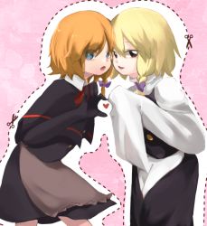 Rule 34 | 2girls, apron, black capelet, black eyes, black gloves, black skirt, black vest, blonde hair, blue eyes, bow, braid, brown apron, buttons, capelet, commentary request, cookie (touhou), dare who zzzz, dotted line, elbow gloves, eyes visible through hair, feet out of frame, gloves, hair bow, heart, heart hands, heart hands duo, highres, kirisame marisa, looking at viewer, medium hair, meguru (cookie), multiple girls, no headwear, open mouth, purple bow, scissors, shirt, side braid, single braid, skirt, sleeves past fingers, sleeves past wrists, smile, touhou, turtleneck, vest, waist apron, white shirt, yuuhi (cookie)