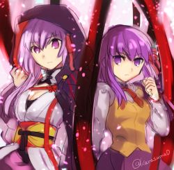 Rule 34 | breasts, cleavage, fate/grand order, fate/stay night, fate (series), hood, japanese clothes, lowres, matou sakura, aged up, purple eyes, purple hair, ribbon, school uniform, skirt, vest