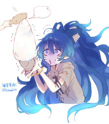 Rule 34 | 1girl, ahoge, artist name, blue bow, blue eyes, blue hair, bow, bowl, bracelet, cracked bowl, damaged, grey hoodie, hair bow, highres, holding, holding bowl, hood, hood down, hoodie, jewelry, long hair, one-hour drawing challenge, rice, rice bowl, simple background, stuffed animal, stuffed cat, stuffed toy, sweatdrop, todomaki41, touhou, twitter username, white background, yorigami shion