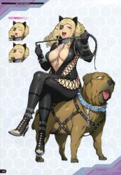 Rule 34 | 1girl, absurdres, animal ears, artbook, black gloves, blonde hair, blue eyes, bodysuit, boots, breasts, cat ears, center opening, chain, character request, cleavage, clothing cutout, collar, cross-laced clothes, cross-laced cutout, cross-laced footwear, crossed legs, dog, drill hair, eyepatch, fake animal ears, full body, furoria frank, gloves, high heels, highres, holding, holding whip, large breasts, long hair, mastiff, multiple views, navel, non-web source, official art, open mouth, parted bangs, revealing clothes, riding, scan, shiny clothes, shiny skin, side cutout, simple background, sitting, solo, spiked collar, spikes, super robot wars, super robot wars x-omega, thigh boots, thighhighs, toeless footwear, tongue, tongue out, watanabe wataru (character designer), whip, wide hips
