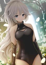 Rule 34 | 1girl, black gloves, blue eyes, breasts, cleavage, cleavage cutout, closed mouth, clothing cutout, commission, elbow gloves, gloves, greyscale, highres, kirimatsu, large breasts, long hair, looking at viewer, monochrome, nier (series), nier:automata, original, petals, ponytail, smile, solo, very long hair