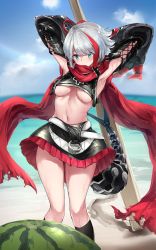 Rule 34 | 1girl, absurdres, admiral graf spee (azur lane), armpits, arms up, azur lane, beach, black skirt, blue eyes, breasts, crop top, day, detached sleeves, food, frilled skirt, frills, fruit, highres, holding, kneehighs, medium breasts, midriff, miniskirt, multicolored hair, navel, ocean, osisio, outdoors, revealing clothes, silver hair, skirt, socks, solo, stomach, streaked hair, sunlight, thighs, underboob, water, watermelon, wet, wide-eyed