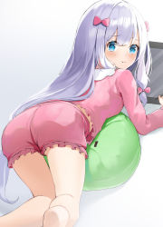 Rule 34 | 1girl, :t, ass, ball, bare legs, barefoot, blush, bow, closed mouth, colored eyelashes, drawing tablet, eromanga sensei, exercise ball, frills, from behind, gradient background, hair bow, highres, holding, holding stylus, izumi sagiri, kneepits, long hair, long sleeves, looking at viewer, looking back, pajamas, pink bow, pout, sidelocks, silver hair, solo, stylus, tsukise miwa, very long hair
