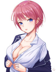 Rule 34 | 1girl, black jacket, blazer, blue eyes, breasts, cleavage, collared shirt, dress shirt, go-toubun no hanayome, highres, jacket, large breasts, long sleeves, looking at viewer, nakano ichika, no bra, off shoulder, open clothes, open shirt, parted lips, pink hair, red lips, school uniform, shirt, short hair, simple background, solo, undressing, upper body, wei xiao, white background, white shirt