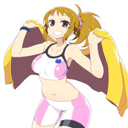 Rule 34 | 10s, 1girl, bike shorts, blue eyes, blush, breasts, brown hair, chan co, cowboy shot, gundam, gundam build fighters, gundam build fighters try, hoshino fumina, large breasts, looking at viewer, midriff, navel, open mouth, ponytail, scrunchie, short hair, simple background, smile, solo, sports bra, white background