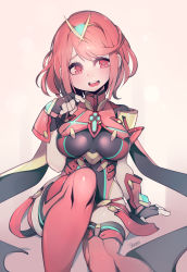 Rule 34 | 1girl, absurdres, arm support, artist name, black gloves, blush, breasts, fingerless gloves, gloves, highres, impossible clothes, knee up, large breasts, looking at viewer, open mouth, parororo, pyra (xenoblade), red eyes, red hair, short hair, sitting, solo, teeth, upper teeth only, xenoblade chronicles (series), xenoblade chronicles 2