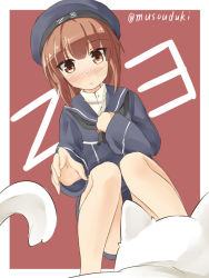 Rule 34 | 10s, 1girl, bad id, bad pixiv id, blush, brown eyes, brown hair, clothes writing, dog, from below, hat, kantai collection, musouduki, outside border, short hair, solo, z3 max schultz (kancolle)