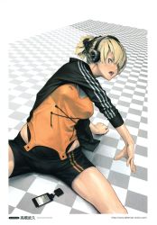 Rule 34 | 1girl, absurdres, blonde hair, blue eyes, breasts, camisole, cowboy shot, digital media player, headphones, highres, ipod, ipod touch, jacket, large breasts, onkyo, open mouth, original, short hair, short ponytail, short shorts, shorts, solo, stretching, takahashi takehisa, track jacket