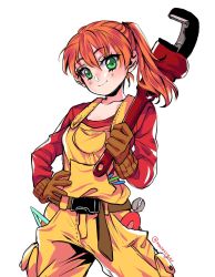 Rule 34 | 1girl, belt, breasts, brown gloves, carpenter&#039;s square, cowboy shot, gloves, green eyes, hand on own hip, highres, long sleeves, looking at viewer, mechanic (terraria), medium breasts, medium hair, moonsvgar, orange hair, overalls, ponytail, red shirt, shirt, simple background, smile, solo, terraria, white background, wire cutters, wrench, yellow overalls