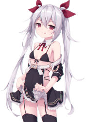 Rule 34 | 1girl, :q, azur lane, bad id, bad pixiv id, bare shoulders, bikini, bikini top only, black bikini, black dress, black panties, black sleeves, black thighhighs, bow, breasts, closed mouth, clothes lift, collar, commentary request, detached collar, detached sleeves, dress, dress lift, frilled dress, frills, front-tie bikini top, front-tie top, garter straps, grey hair, hair between eyes, hair ribbon, lifting own clothes, long hair, long sleeves, looking at viewer, oueo, panties, red bow, red eyes, red ribbon, ribbon, simple background, small breasts, smile, solo, standing, swimsuit, thighhighs, tongue, tongue out, twintails, underwear, vampire (azur lane), very long hair, white background, white collar, wing collar
