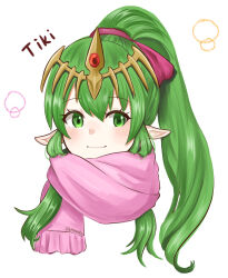Rule 34 | 1girl, character name, closed mouth, commentary request, eyelashes, fire emblem, fire emblem: mystery of the emblem, green eyes, green hair, high ponytail, highres, long hair, nintendo, otokajife, pink scarf, pointy ears, scarf, simple background, smile, solo, tiara, tiki (fire emblem), tiki (young) (fire emblem), upper body, white background
