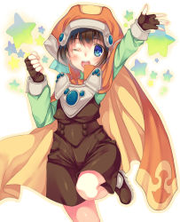 Rule 34 | 1girl, :d, ;d, arm up, armor, black gloves, blue eyes, blush, breastplate, brown footwear, brown hair, cape, clenched hand, eyebrows, eyelashes, eyes visible through hair, facing viewer, fingerless gloves, fingernails, gem, gloves, green shirt, hair between eyes, hat, highres, hime gyo, leg up, long sleeves, marguerite fatima, one eye closed, open mouth, orange cape, orange hat, outline, pocket, popped collar, shirt, shoes, short hair, short jumpsuit, simple background, smile, solo, standing, standing on one leg, star (symbol), teeth, tongue, turtleneck, unitard, white background, xenogears, yellow outline