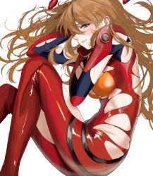 Rule 34 | 1girl, blue eyes, blush, bodysuit, breasts, brown hair, closed mouth, evangelion: 3.0+1.0 thrice upon a time, eyebrows visible through hair, eyelashes, feet out of frame, fetal position, from above, hair between eyes, highres, lips, long hair, looking at viewer, lying, medium breasts, muu (muu shiromiya), neon genesis evangelion, older, on side, plugsuit, rebuild of evangelion, red bodysuit, shiny, shiny clothes, shiny hair, shiny skin, simple background, solo, soryu asuka langley, tears, torn bodysuit, torn clothes, white background