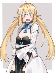Rule 34 | 1girl, ahoge, angry, artoria caster (fate), artoria pendragon (fate), blonde hair, blush, breasts, cleavage, commission, cosplay, cowboy shot, euhage73, fang, fate/grand order, fate (series), green eyes, highres, long hair, looking at viewer, morgan le fay (fate), morgan le fay (fate) (cosplay), open mouth, skeb commission, skin fang, small breasts, solo, thighhighs, twintails, two-tone dress