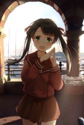 Rule 34 | 1girl, black hair, blush, brewstar37a, brown skirt, day, green eyes, hair ribbon, highres, kantai collection, long hair, long sleeves, mikuma (kancolle), open mouth, outdoors, own hands together, photo background, pleated skirt, red sailor collar, ribbon, sailor collar, school uniform, serafuku, skirt, solo, twintails