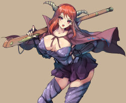 Rule 34 | 10s, 1girl, akaga hirotaka, antique firearm, armor, breasts, brown background, cape, fingerless gloves, firearm, firelock, gauntlets, gloves, greaves, gun, hand on own hip, horns, large breasts, long hair, looking at viewer, maou (maoyuu), maoyuu maou yuusha, musket, name connection, oda nobunaga, open mouth, red eyes, red hair, sengoku taisen, simple background, skirt, solo, weapon
