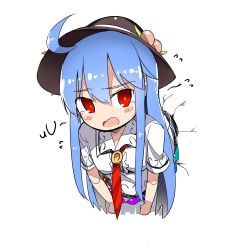 Rule 34 | 1girl, ahoge, black hat, blue hair, blush, commentary request, flying sweatdrops, food, fruit, hair between eyes, hair ornament, hat, highres, hinanawi tenshi, leaf hair ornament, long hair, looking at viewer, necktie, neropaso, open mouth, peach, red eyes, red necktie, short sleeves, sidelocks, simple background, solo, stuck, tears, through wall, touhou, uu~, white background