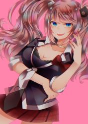 Rule 34 | 1girl, bear hair ornament, black bra, black necktie, blue eyes, bow, bra, breasts, cleavage, collar, commentary request, danganronpa: trigger happy havoc, danganronpa (series), enoshima junko, hair ornament, long hair, looking at viewer, medium breasts, nail polish, necktie, necota116, pink background, pink hair, red nails, school uniform, simple background, skirt, sleeves rolled up, smile, solo, twintails, underwear, white necktie