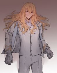 Rule 34 | 1boy, blonde hair, blue shirt, buttons, cowboy shot, fate/grand order, fate (series), formal, frilled sleeves, frills, gloves, gradient background, grey eyes, hair spread out, highres, jacket, kirschtaria wodime, long hair, long sleeves, looking at viewer, lying, male focus, on back, open clothes, open jacket, pants, parted lips, partially undressed, sabamori, shirt, simple background, sleeve cuffs, solo, suit, vest, white gloves, white jacket, white pants, white vest