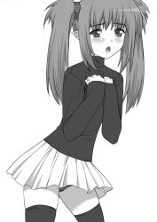 Rule 34 | 00s, 1girl, blush, elf, greyscale, hairband, long sleeves, looking at viewer, miniskirt, monochrome, panties, pantyshot, plait, pointy ears, primula, shichimenchou, shuffle!, simple background, skirt, solo, thighhighs, underwear