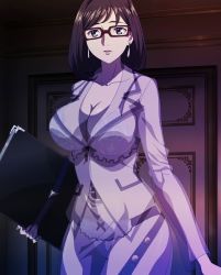 Rule 34 | 10s, 1girl, bra, breasts, brown hair, cleavage, earrings, female focus, glasses, highres, jewelry, k-project, large breasts, long hair, panties, parted lips, pencil skirt, screencap, see-through, skirt, solo, standing, stitched, third-party edit, underwear